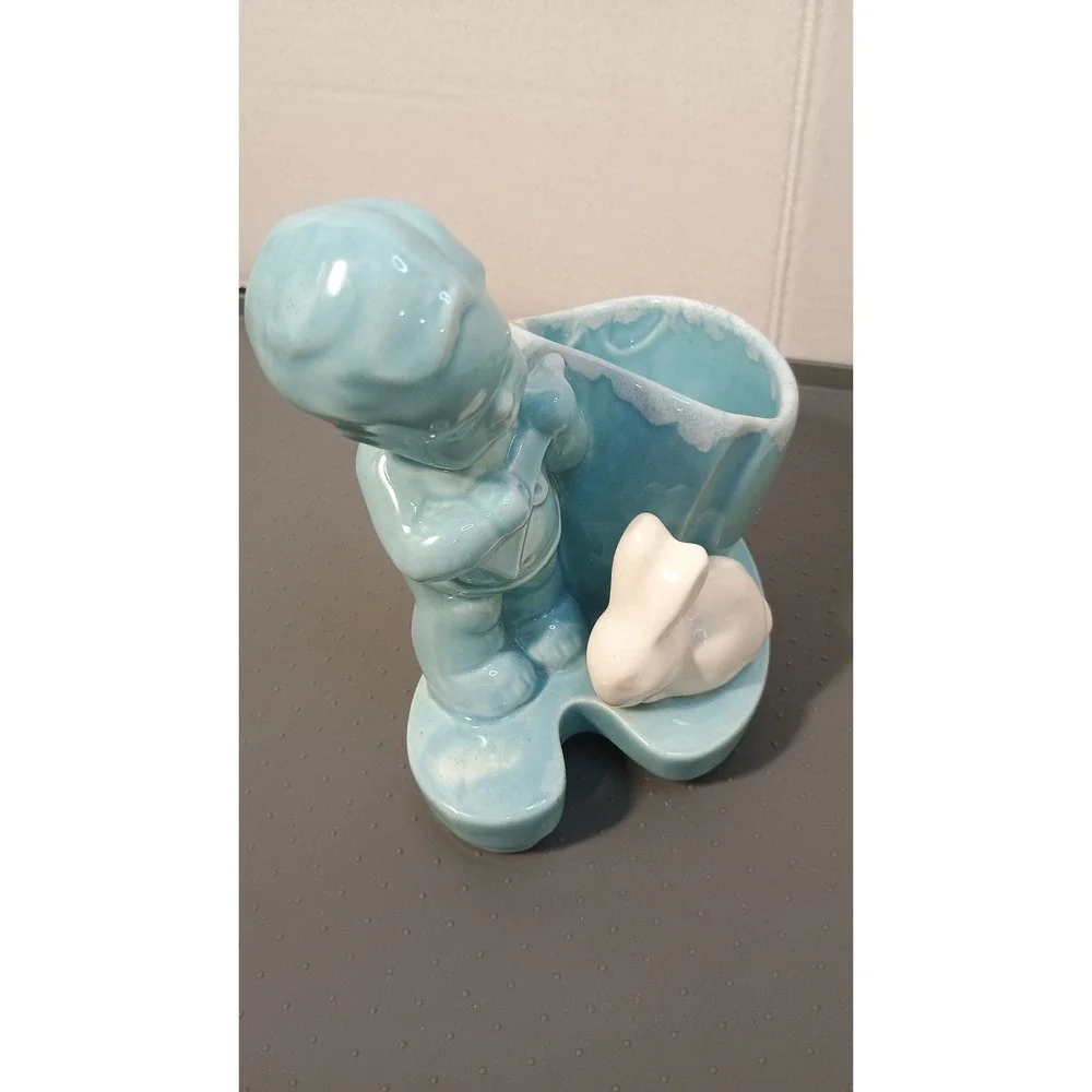 Vintage Ceramic Boy with Bunny Planter Nursery Blue White Excellent Mid Century